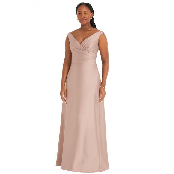 Alfred Sung Off the Shoulder Draped Wrap Satin Maxi‎ Dress Pink Size 6 - Picture 1 of 6